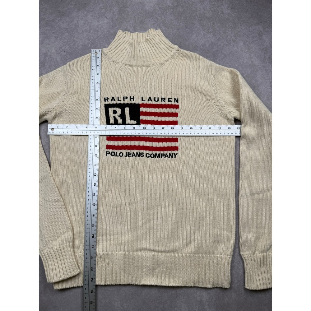 VTG Ralph Lauren Polo Jeans Co American Flag Mock Cotton Sweater Beige Womens S - Picture 6 of 13
